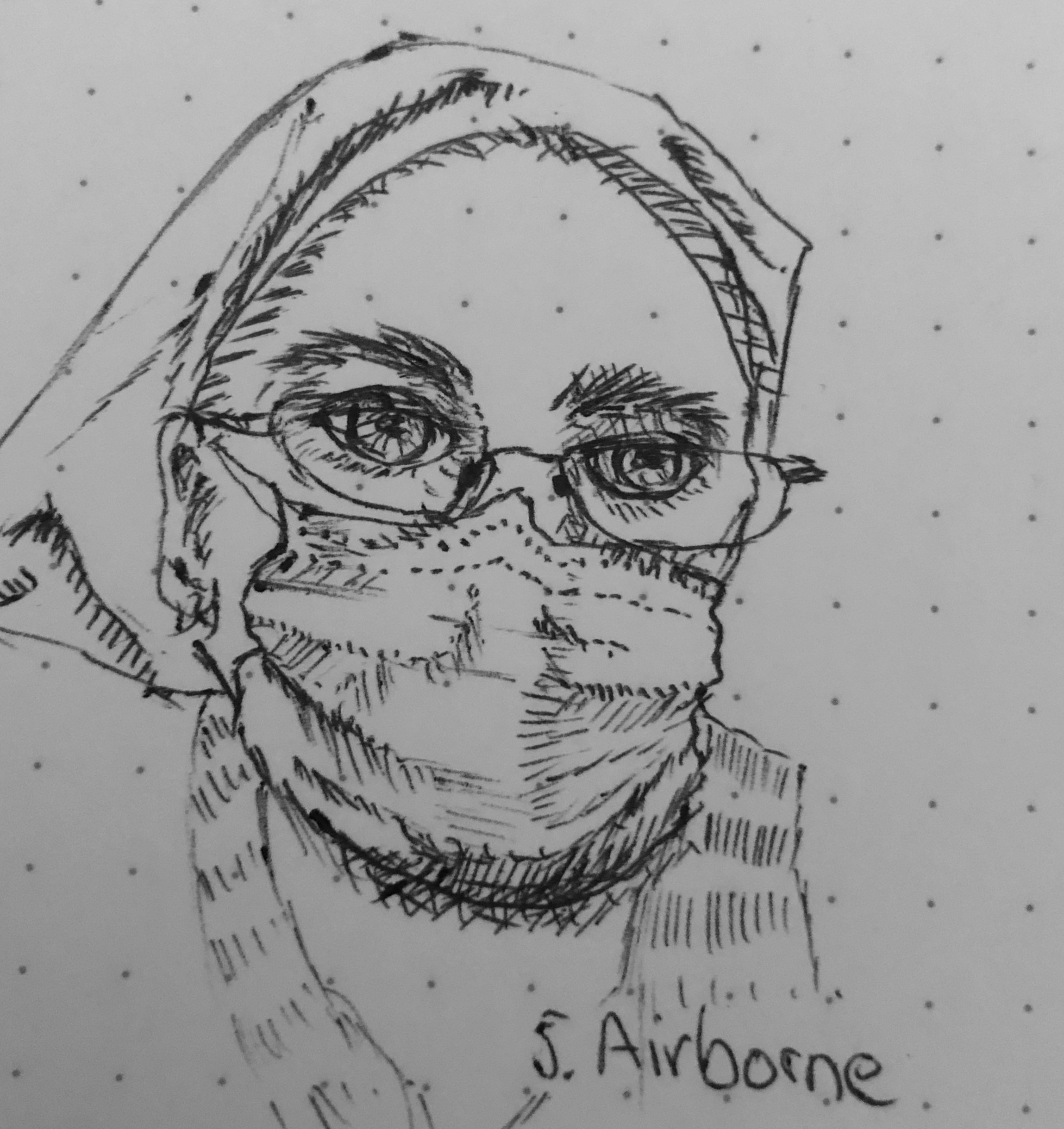 An inktober sketch of me in a photo from the 2011 earthquake in Japan at school during an evacuation.