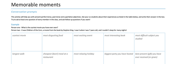 A snippet of the top of a handout for the memorable moments conversation activity in an ESL conversation course.