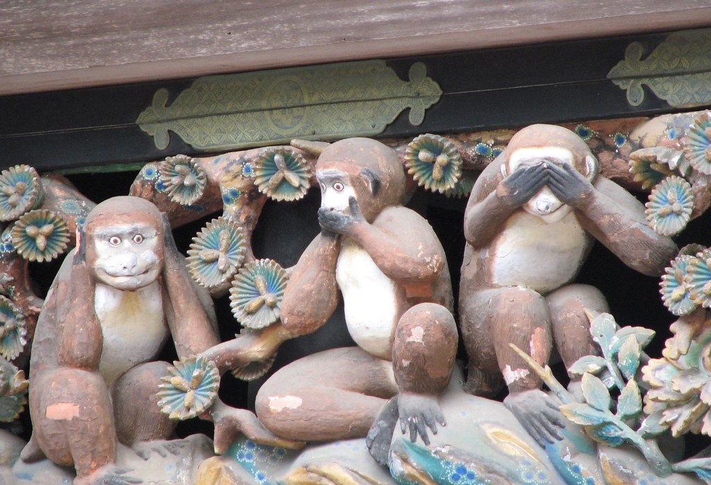 The carved three monkeys on the temple complex in Nikko, Japan - hear no evil, see no evil, speak no evil