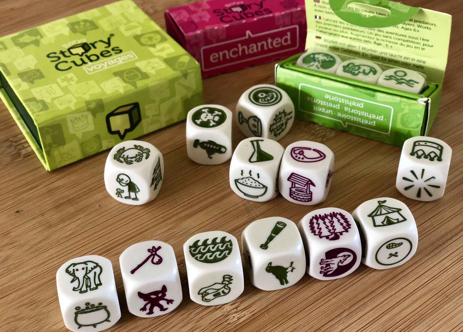 A number of dice with pictures on them, useful for creative storytelling and as conversation prompts